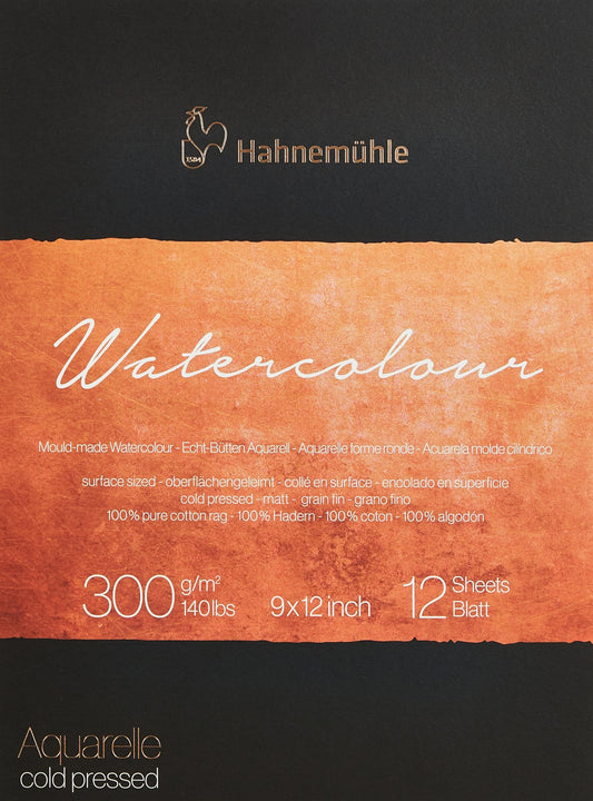 Hahnemühle Collection 100 Percent Cotton Watercolor Pad with 12 Durable Sheets, Vegan and Acid-Free (300 GSM, 9 x 12 Inch)