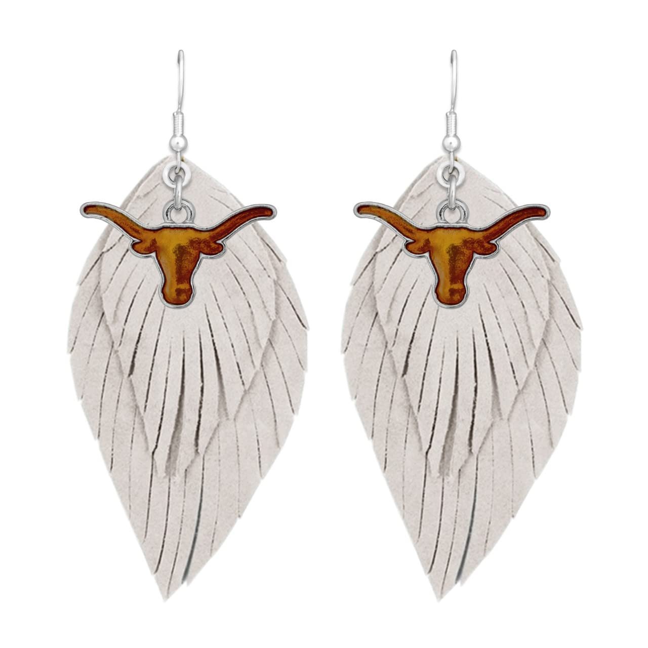 Texas Longhorns White Burnt Orange Boho Leather Feather Wire Earrings Jewelry Gift UT