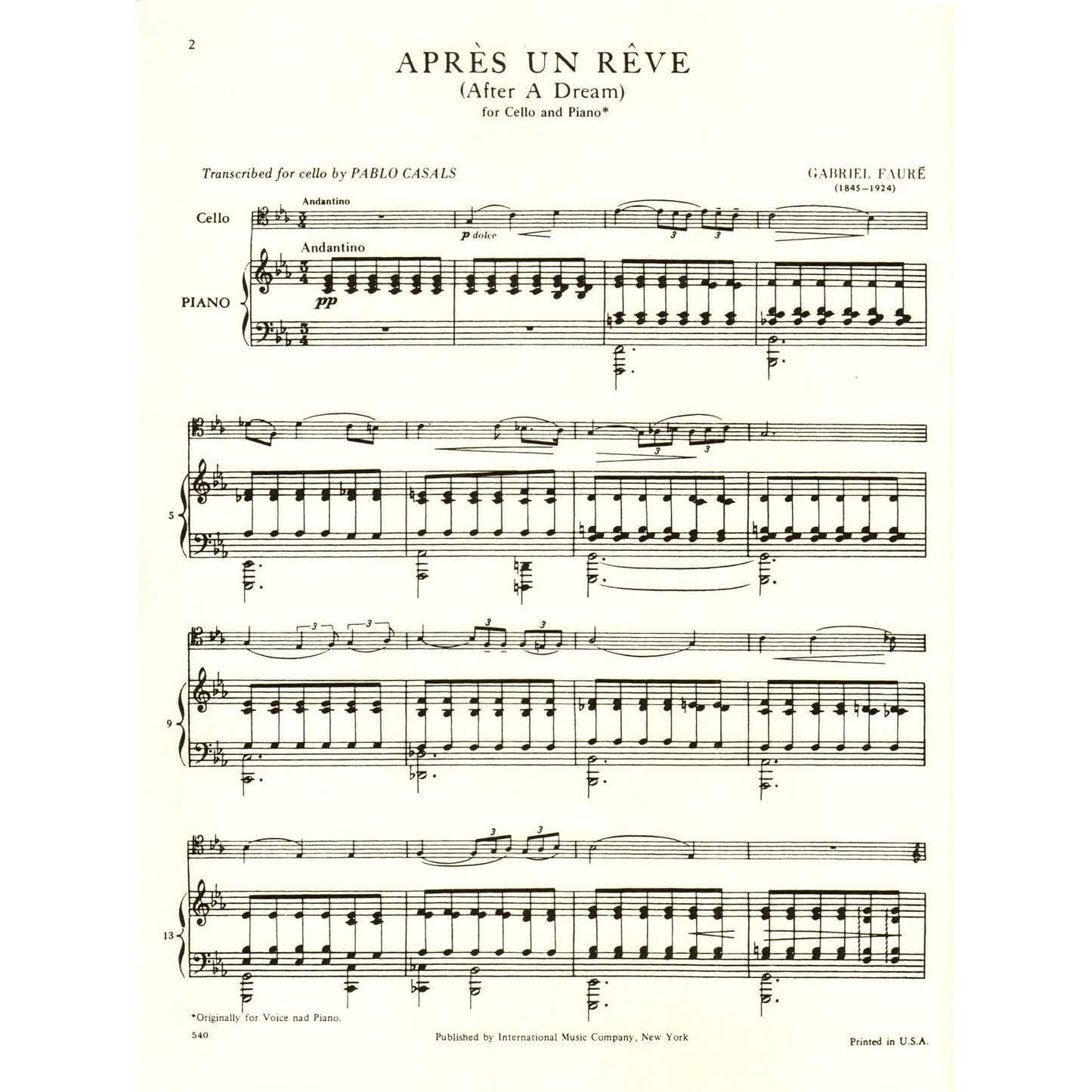 Faure Gabriel - Apres un Reve After a Dream, Op. 7, No1 Cello and Piano Pablo Casals International