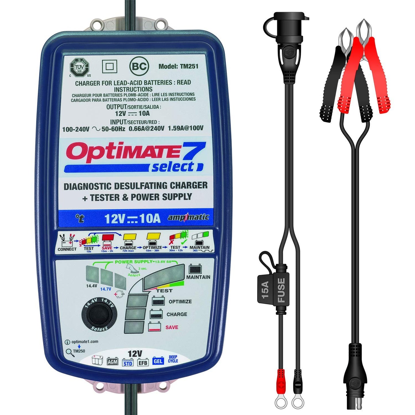 OptiMATE 7 SELECT, TM-251, 9-step 12V 10A sealed battery saving charger & maintainer