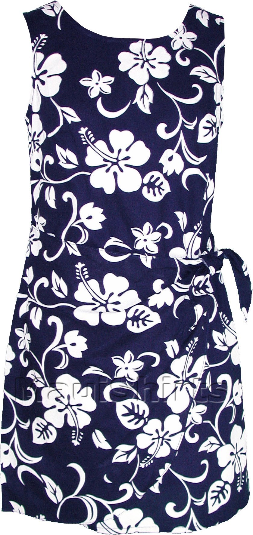RJC Women's Classic Hibiscus Hawaiian Mock Wrap Sarong Dress Navy Blue XXL