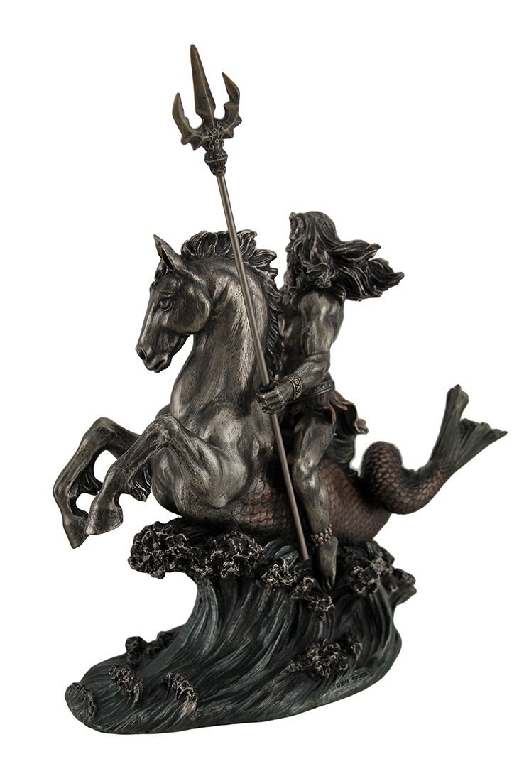 Zeckos Poseidon Greek God of The Sea Holding Trident On Hippocampus Metal Tabletop Statue Dark Brown/Black