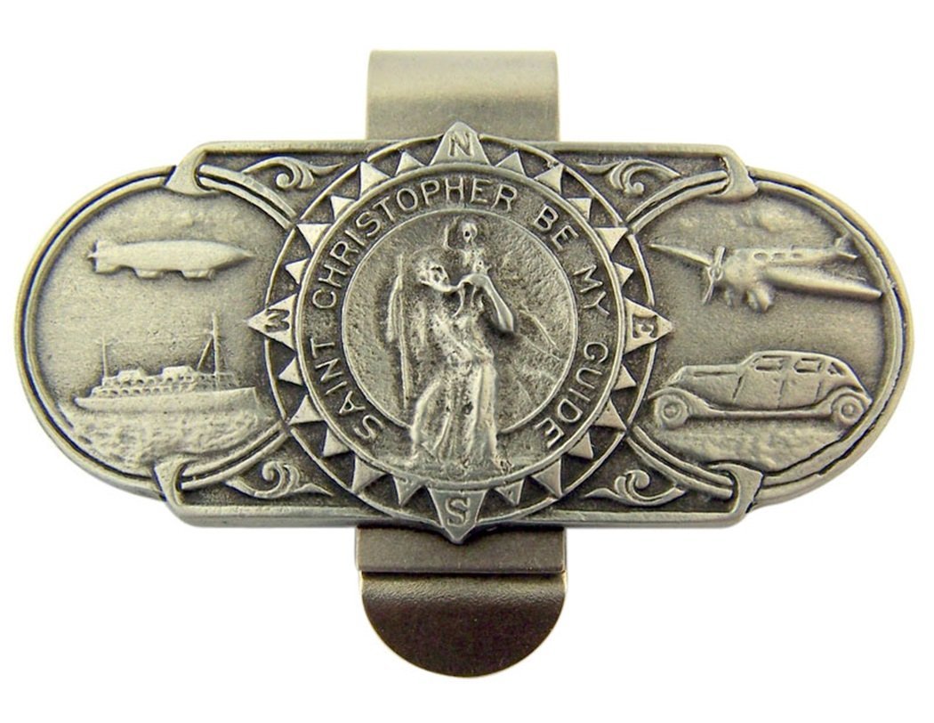 WJH Pewter Saint Christopher Be My Guide Land Sea and Air Visor Clip, 2 3/8 Inch