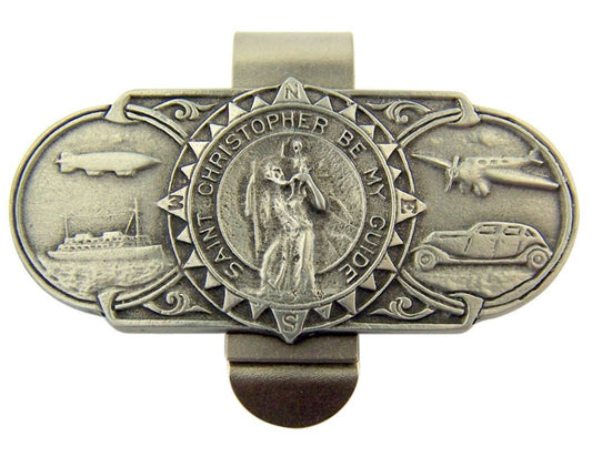 WJH Pewter Saint Christopher Be My Guide Land Sea and Air Visor Clip, 2 3/8 Inch
