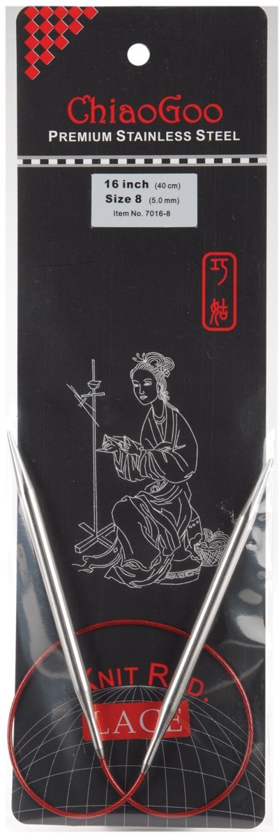ChiaoGoo 16-Inch Red Lace Stainless Steel Circular Knitting Needles, 8/5mm