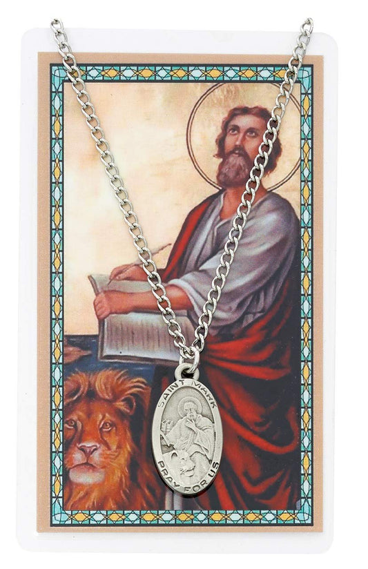 McVan Saint Mark 1-inch Pewter Medal Pendant Necklace with Holy Prayer Card