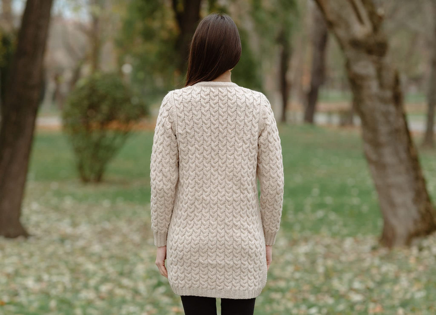 SAOL Aran Coat for Women - Irish Open Front Fisherman Cardigan with Pockets - Merino Wool Made in Ireland