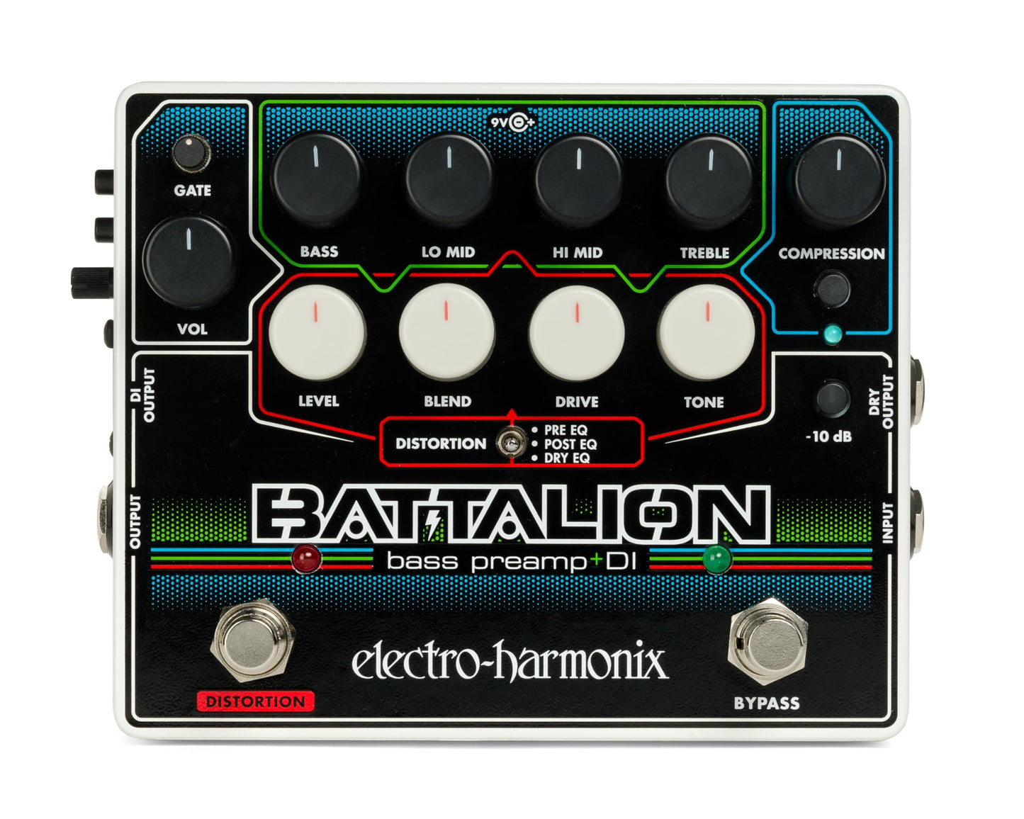 Electro-Harmonix Battalion Black 4-band EQ, MOSFET Distortion, Compressor, Noise Gate Bass Preamp & DI Pedal