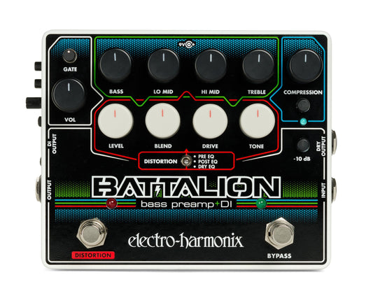 Electro-Harmonix Battalion Black 4-band EQ, MOSFET Distortion, Compressor, Noise Gate Bass Preamp & DI Pedal