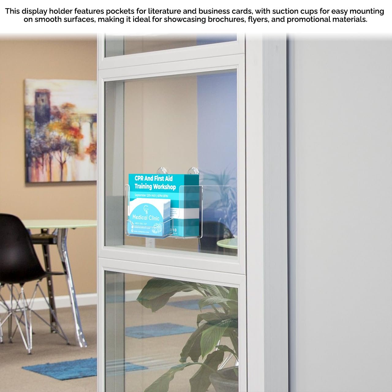 Postcard Holder with Suction Cup Hooks Window Mount Holds 6 Inch Wide Advertisements and 3.5" x 2" Business Cards Clear Acrylic Organizer for Tradeshows Expos and Conventions by Marketing Holders