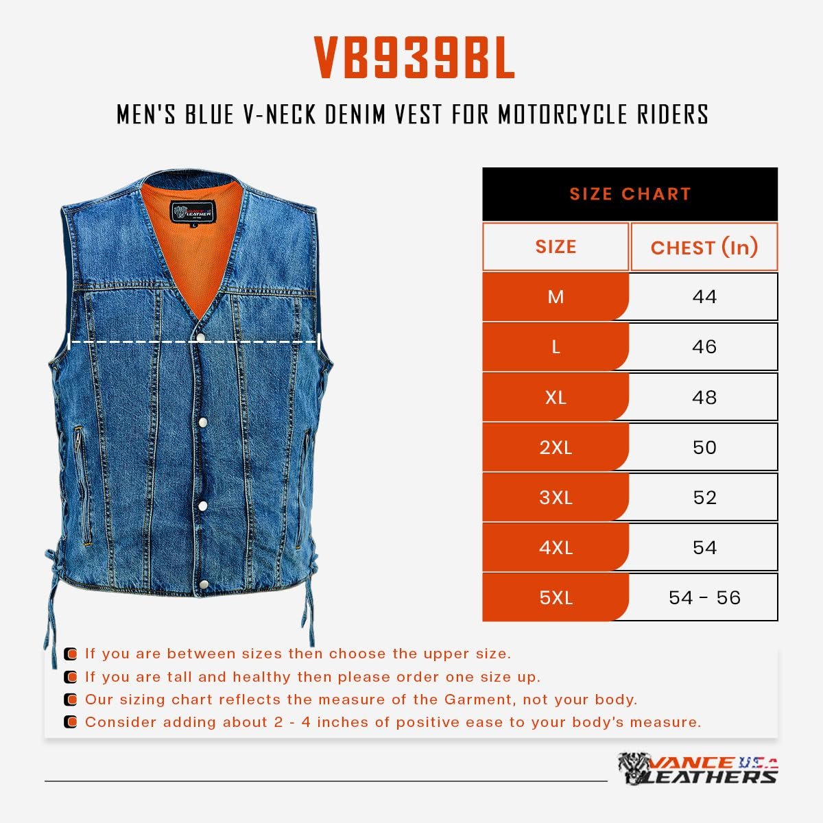Vance Men's V-Neck Denim Vest for Motorcycle Riders with Conceal Carry Pockets