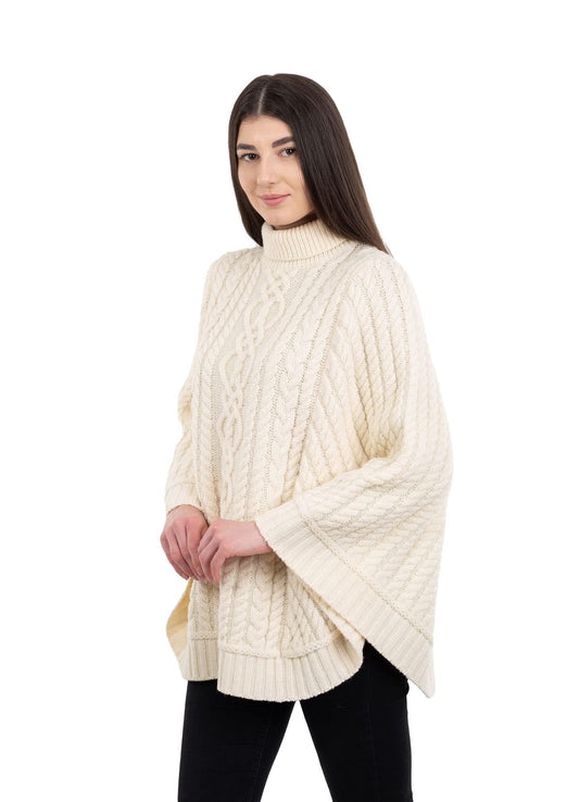 SAOL 100% Merino Wool Cable Knit Ladies Irish Aran Poncho Cardigan