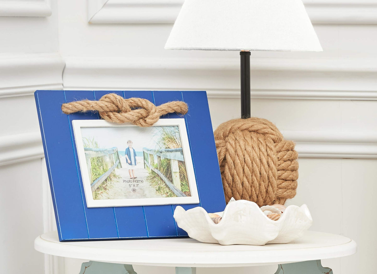 Beachcombers Navy Picture Photo Frame 5"X7" with Jute Rope Accent Wood Coastal Nautical Home Decor Decoration for Tabletop Display Wall Blue