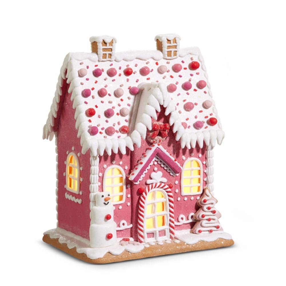 RAZ Imports Lighted Gingerbread House, 11.5-inch Height, Pink, Clay Dough, Christmas, Home Décor