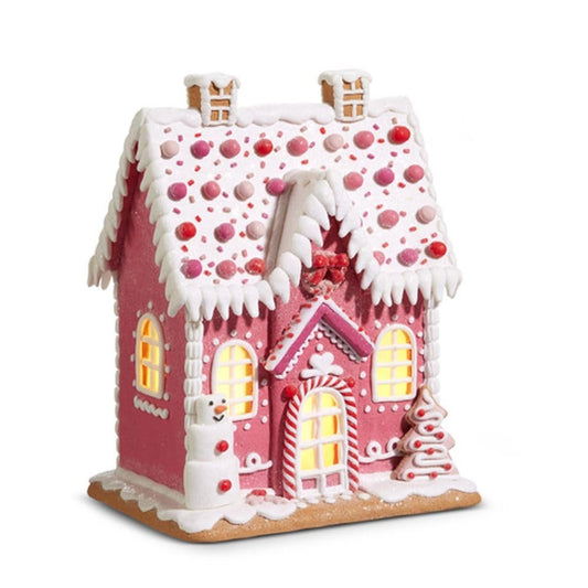 RAZ Imports Lighted Gingerbread House, 11.5-inch Height, Pink, Clay Dough, Christmas, Home Décor