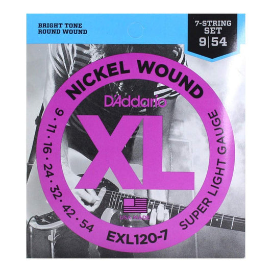 D'Addario EXL120-7x5 (5 sets) Electric Guitar Strings, 7 Strings, Nickel, Round Wound, Super Light (.009-.054