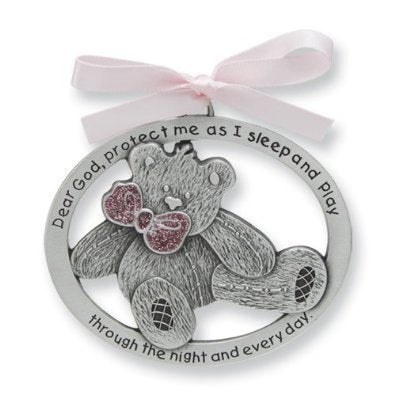 Pretty TEDDY BEAR Crib Medal for Baby GIRL Crib Medal with Verse 4" PEWTER Finish - CHRISTENING/SHOWER GIFT/Baptism KEEPSAKE/with PINK RIBBON - INFANT - Newborn