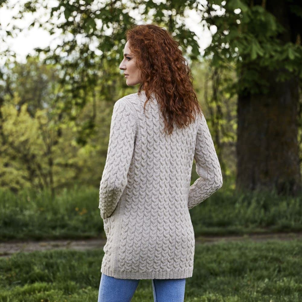 SAOL Aran Coat for Women - Irish Open Front Fisherman Cardigan with Pockets - Merino Wool Made in Ireland