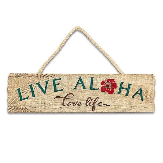 Hawaiian Style Wood Hanging Sign Live Aloha Love Life Hibiscus