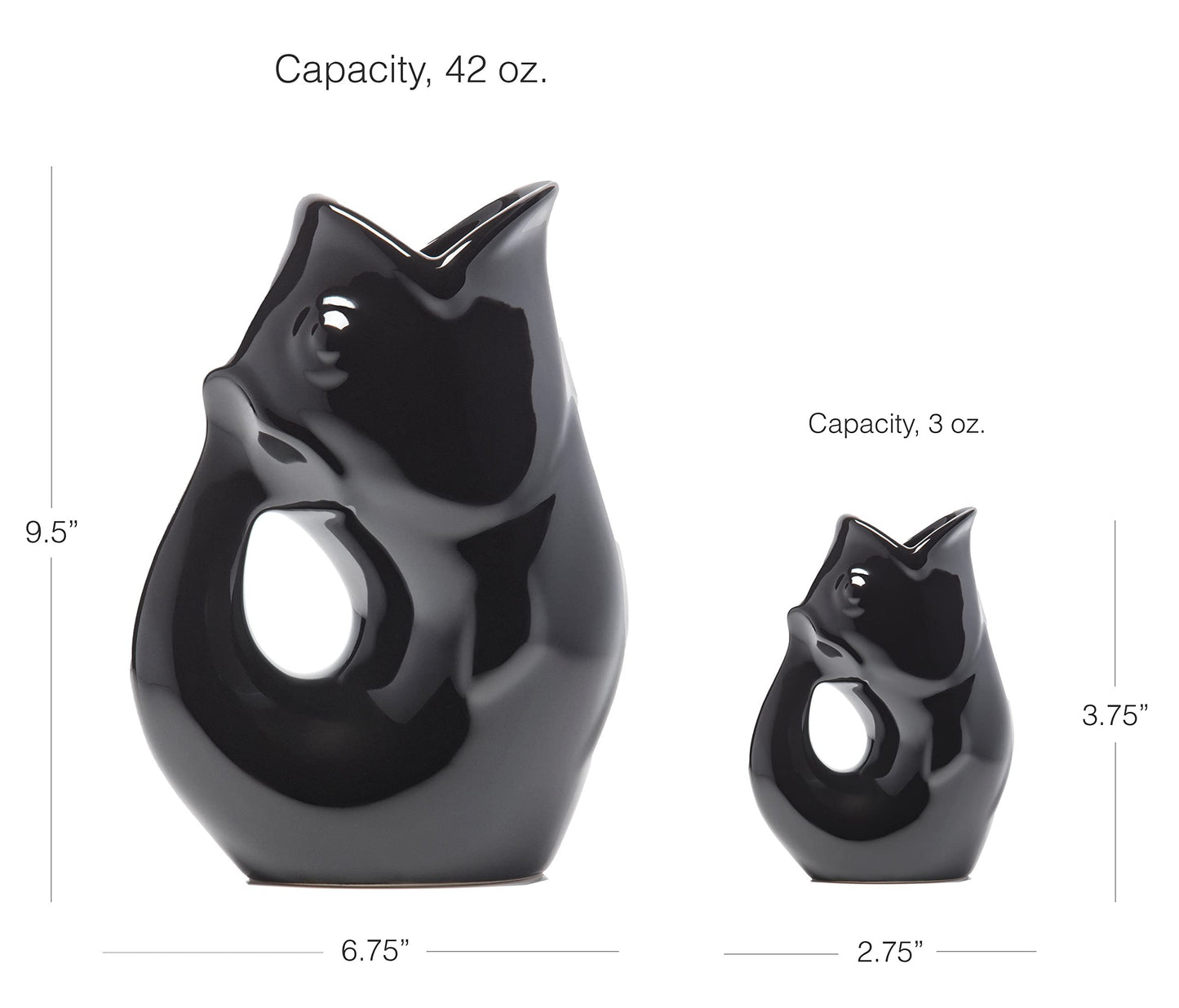 Gurgle Pot Fish Pitcher - Black, Set of 2, French Inspired Design, Large Pitcher 42 oz. with matching Creamer, the perfect Indoor or outdoor tableware.