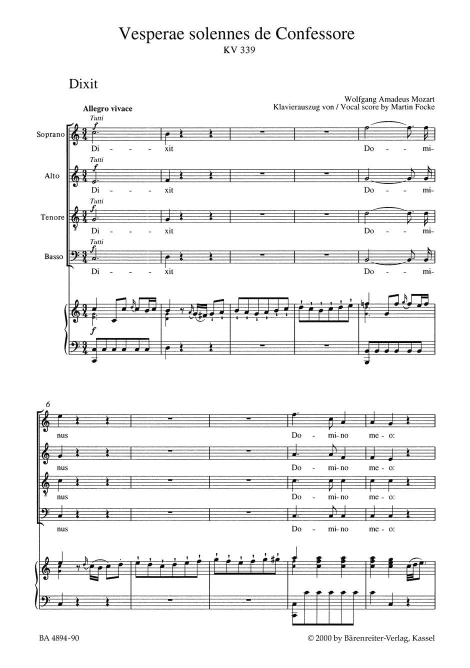 Vesperae solennes de Confessore K.339 ""Solemn Vespers"" (Vocal Score)