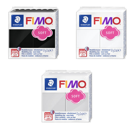 STAEDTLER FIMO Soft Polymer Oven Modelling Clay - Most Popular Colours - 57g - Black, White, Dolphin Grey - Pack of 3