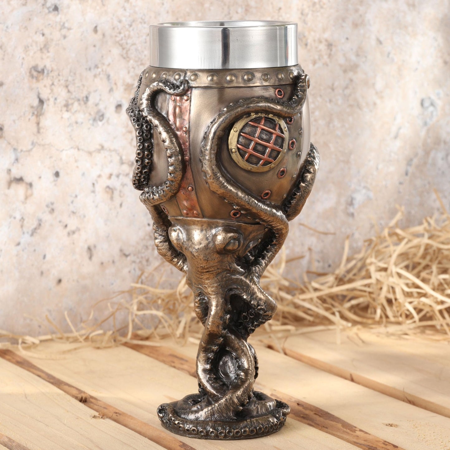 Veronese Design 7 1/2 Inch Steampunk Octopus Diving Bell Goblet Cold Cast Resin Bronze Finish Stainless Steel Cup (7 fl oz)