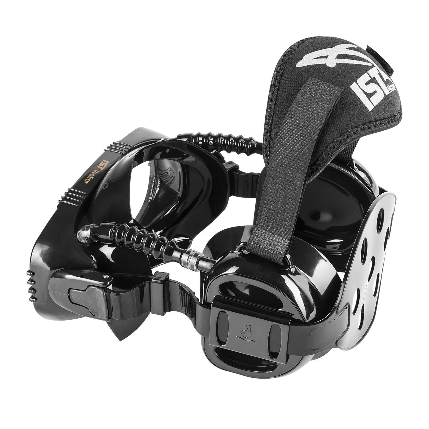 IST ProEar Dive Mask with Ear Covers, Scuba Diving Pressure Equalization Gear, Tempered Glass Twin Lens (Black Silicone)