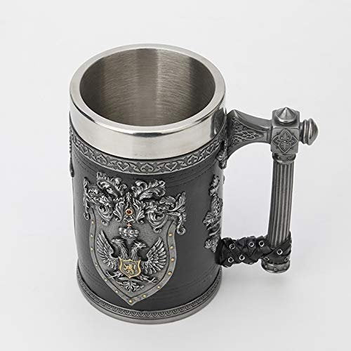 Veronese Design 6 1/4 Inch Double Headed Eagle Crest Axe Handle Beer Stein Cold Cast Resin Pewter Finish Statue Home Decor