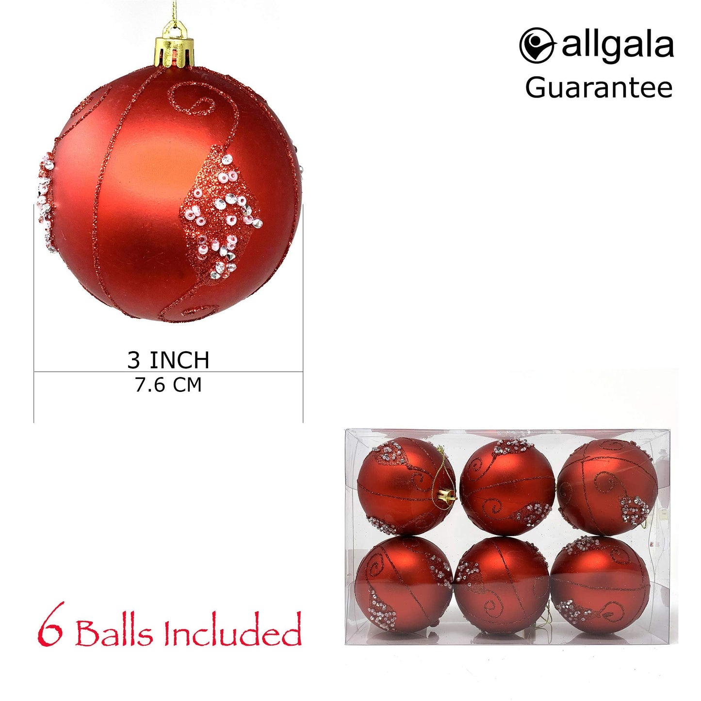 allgala 6-PK 3 Inch Luxury Glitter Rich Decoration Christmas Tree Ornament Balls