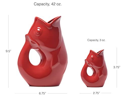 Gurgle Pot Fish Pitcher- Set of 2, Urban Red, French Inspired Design, Large Pitcher 42 oz. with matching 3 oz. Creamer, Perfect Indoor or Outdoor Tableware. 42 Fluid Ounces and 3 Fluid Ounces