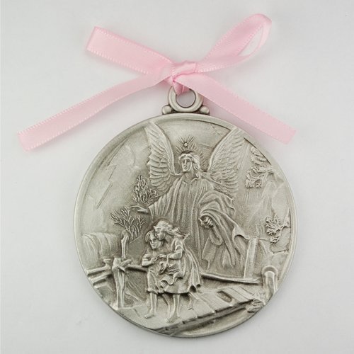 Guardian Angel Crib Medal Pink Ribbon Round 2 3/4 Great Gift great baptism christening gift keepsake gift
