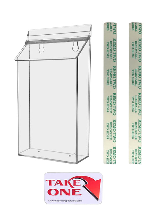 Marketing Holders Outdoor Brochure Holder Holds 6" x 9" Advertising Bifolds Clear Acrylic Wall Mounted Box with Lid Includes Adhesive Strips and Take One Sticker