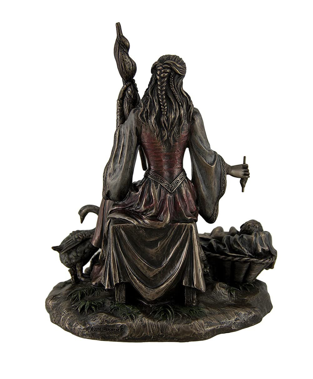 Resin Statues Frigga Norse Goddess Of Destiny Love And Marriage W/Infant Animals & Spindle 6 X 7.75 X 4.5 Inches Bronze