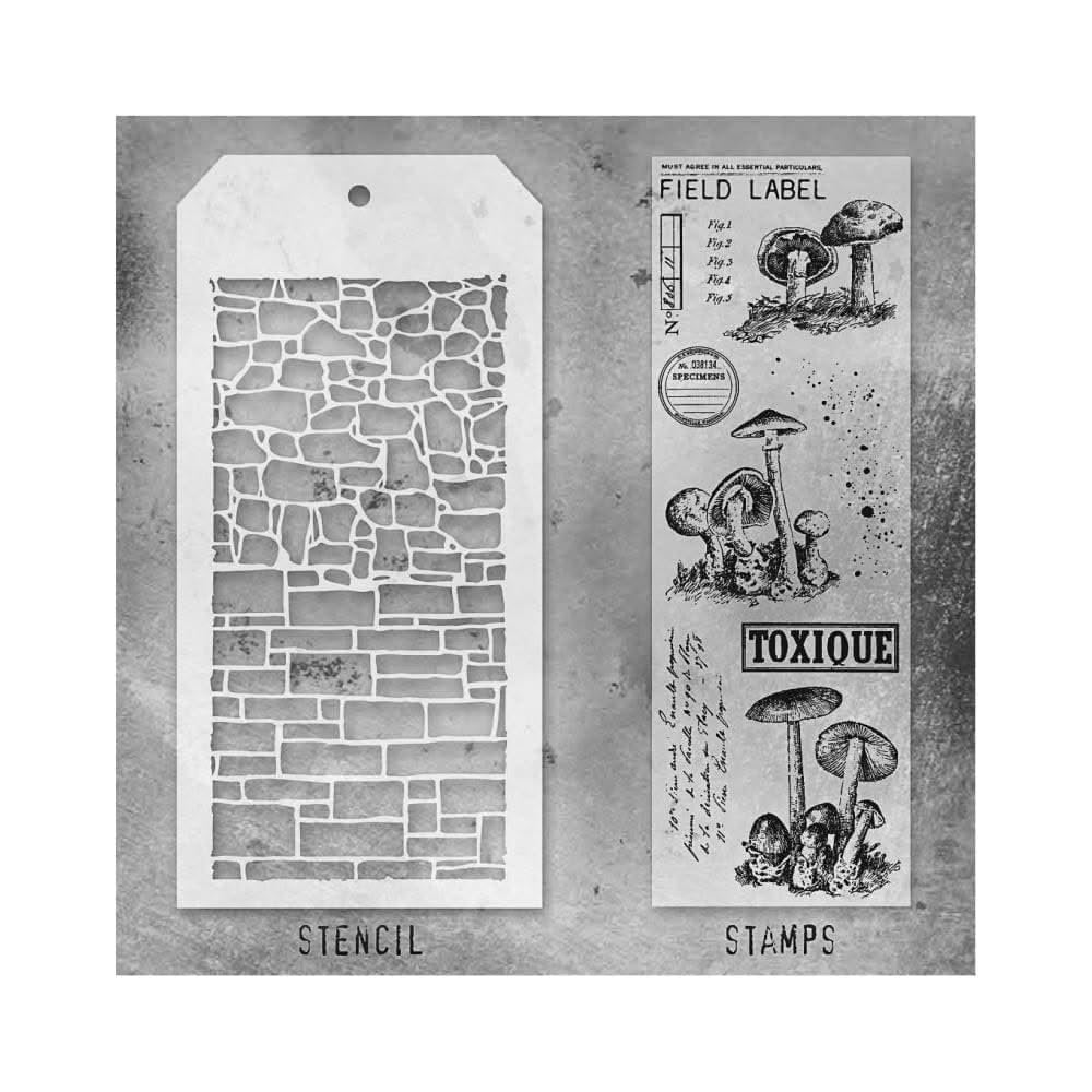 Tim Holtz Collection Stamper's Anonymous Tim Holtz Brick and Stones with Mushrooms Mixed Media Stamp and Stencil Set THMM112