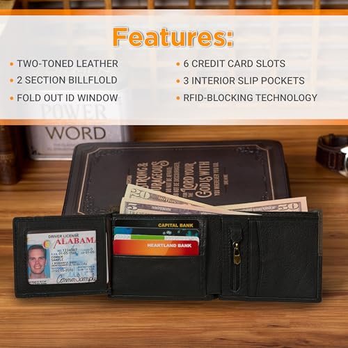 Christian Art Gifts Genuine Premium Full Grain Leather RFID Blocking Silver Engraved Cross Wallet for Men: Multi Pocket Billfold w/Removable ID Window Accessory for Credit Cards, Bills, Photos, Black