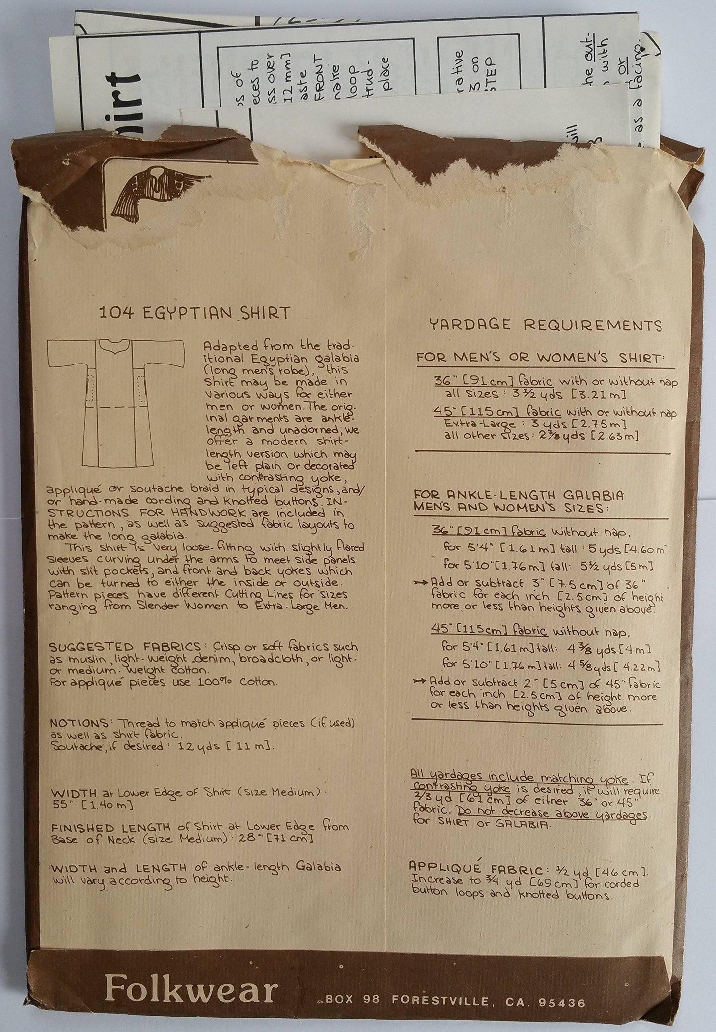 Sewing Pattern - Folkwear 104 - Egyptian Shirt