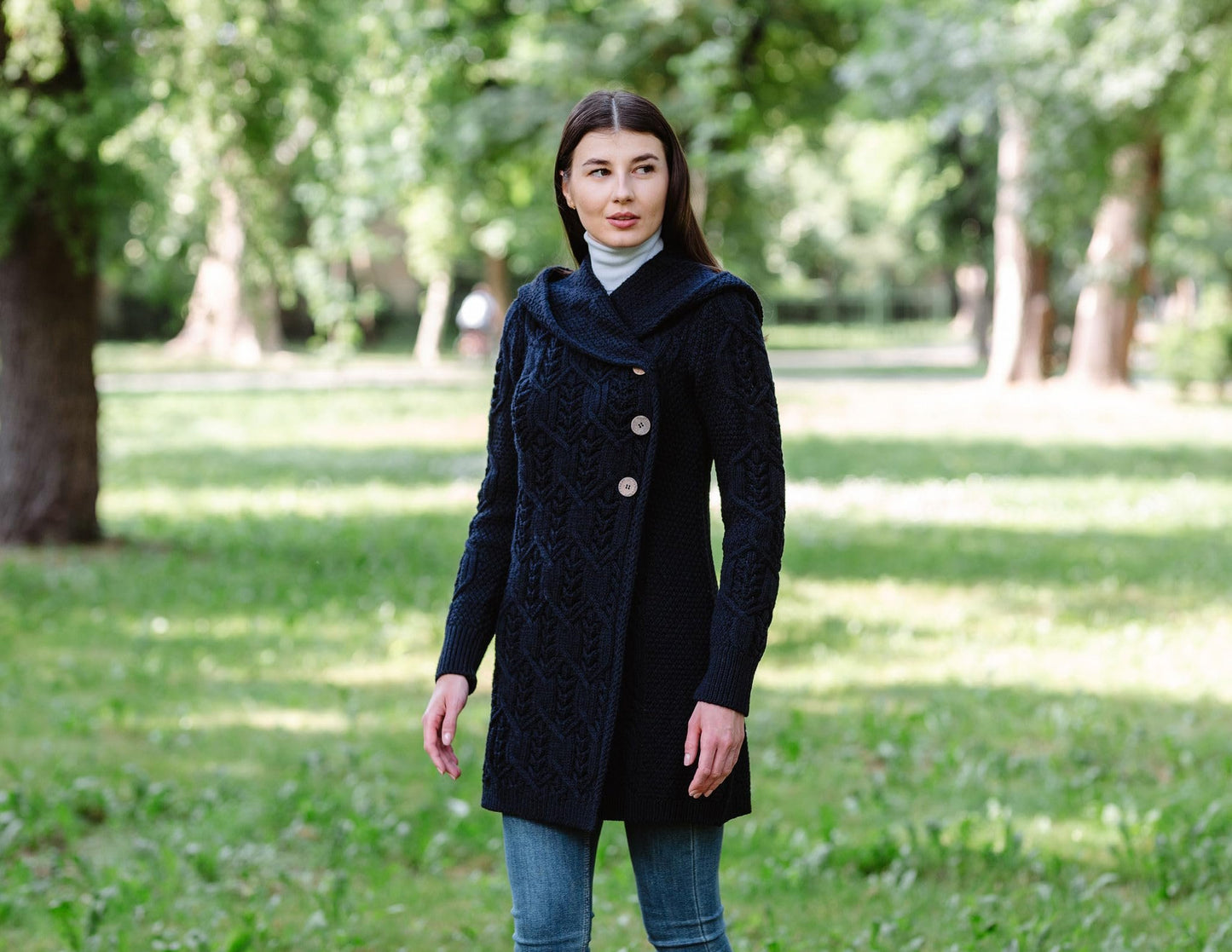 SAOL 100% Merino Wool Women Cardigan Butonned with Hood Aran Leaf Coat Made in Ireland