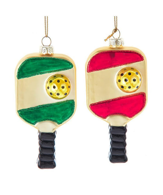 Kurt Adler 4"" Pickleball Red and Green Rackets and Ball Glass Ornament Set