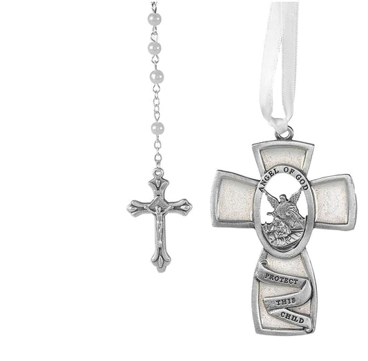 WHITE GUARDIAN ANGEL CRIB MEDAL & ROSARY SET BABY INFANT GIRLS BOYS CHILDRENS CHRISTENING BAPTISM