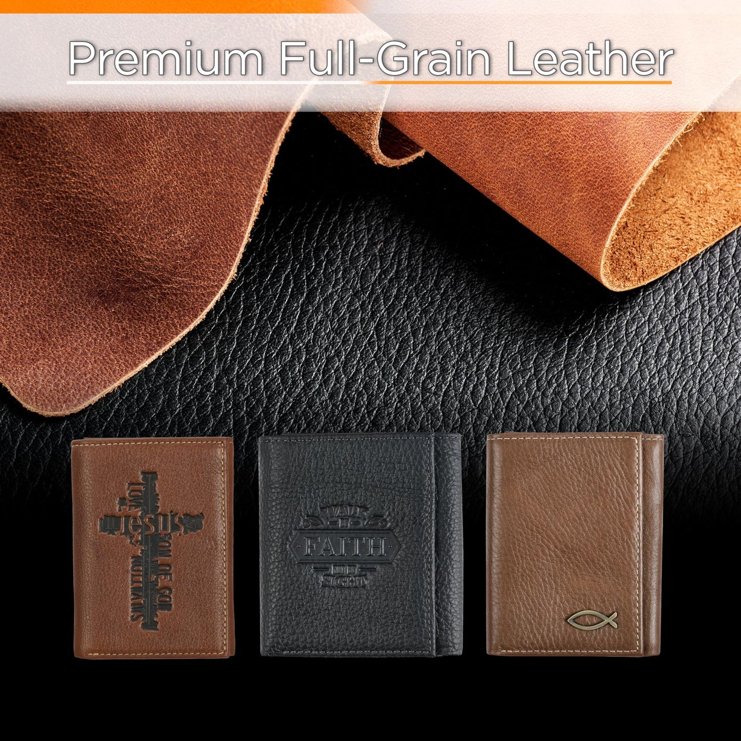 Christian Art Gifts Genuine Premium Full Grain Leather RFID Blocking Silver Engraved Cross Wallet for Men: Multi Pocket Billfold w/Removable ID Window Accessory for Credit Cards, Bills, Photos, Black