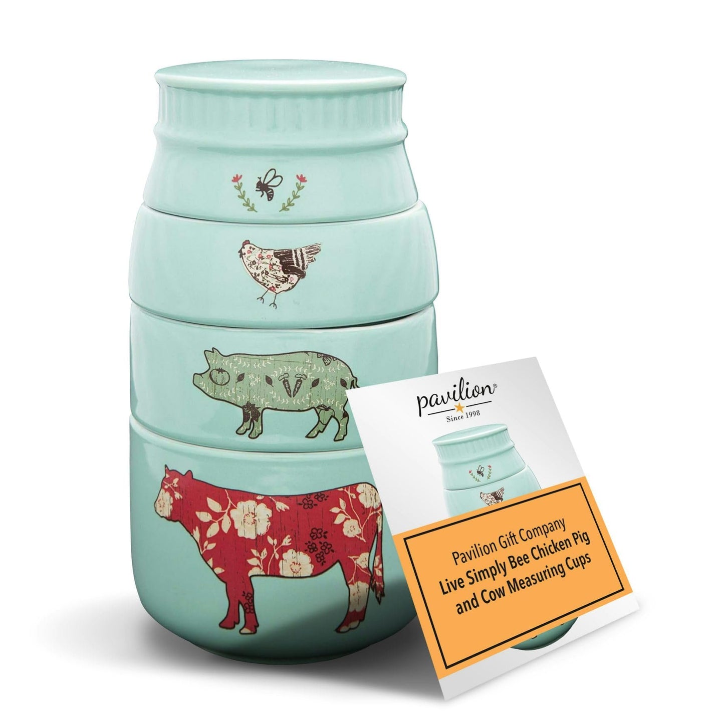 Pavilion Gift Company Live Simply Bee Chicken Pig and Cow Measuring Cups, Teal