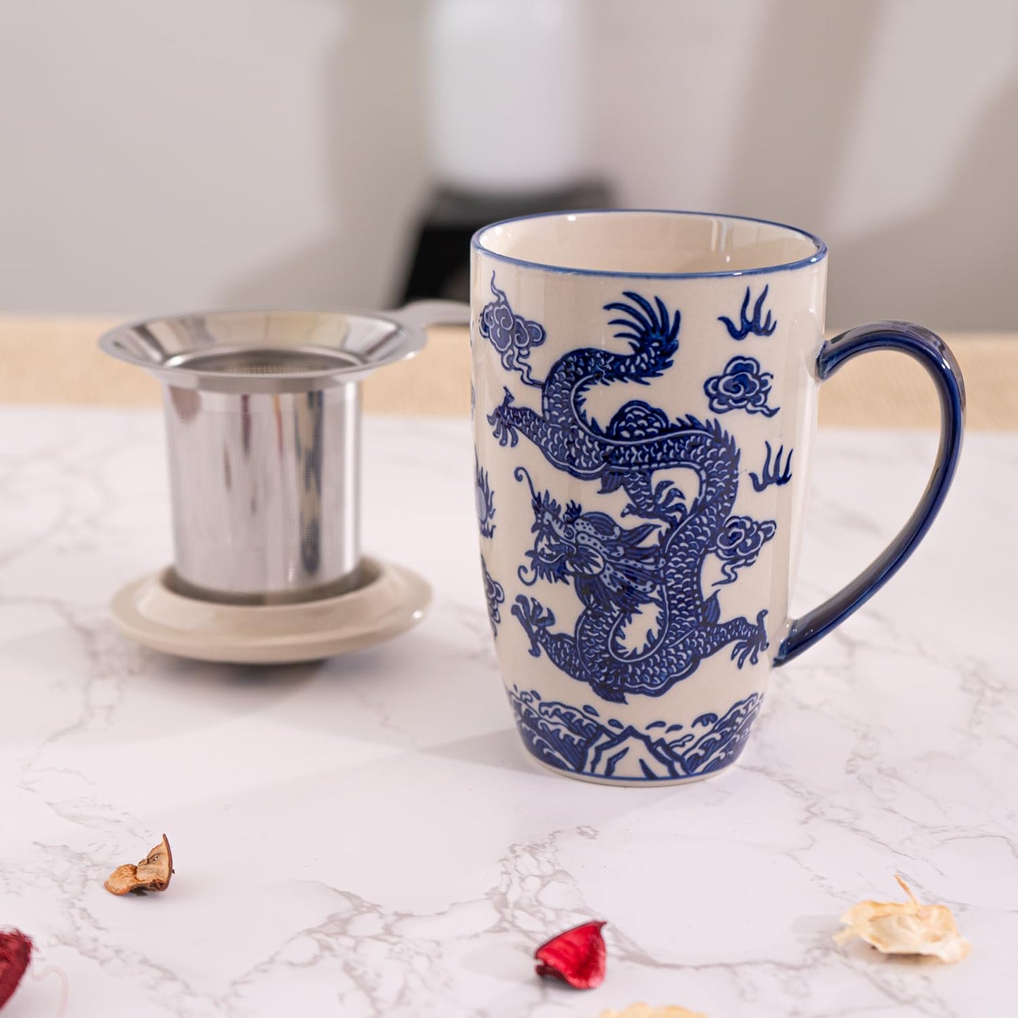Urban Tokyo Tea Mug With Lid and Stainless Steel Infuser For Loose Leaf Tea Bag Tea Cup 15oz Porcelain Hot Beverage Everyday Use Home Office