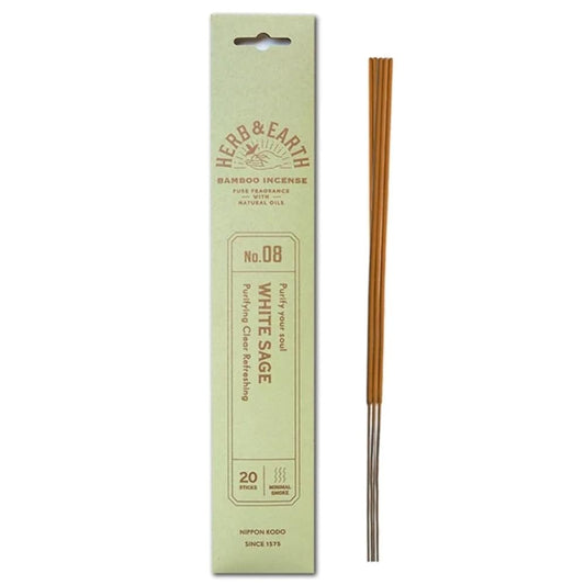 HERB & EARTH H&E Bamboo Incense - White SAGE - 20 Sticks by Nippon KODO, Japanese Quality Incense Since 1575
