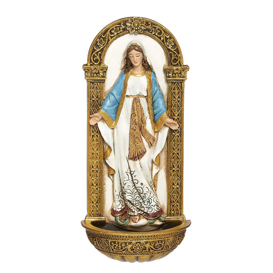 Joseph's Studio by Roman - Our Lady of Grace Holy Water Font, Renaissance Collection, 7.25" H, Resin and Stone, Religious Gift, Decoration, Collection, Durable, Long Lasting, Decorative, Collection