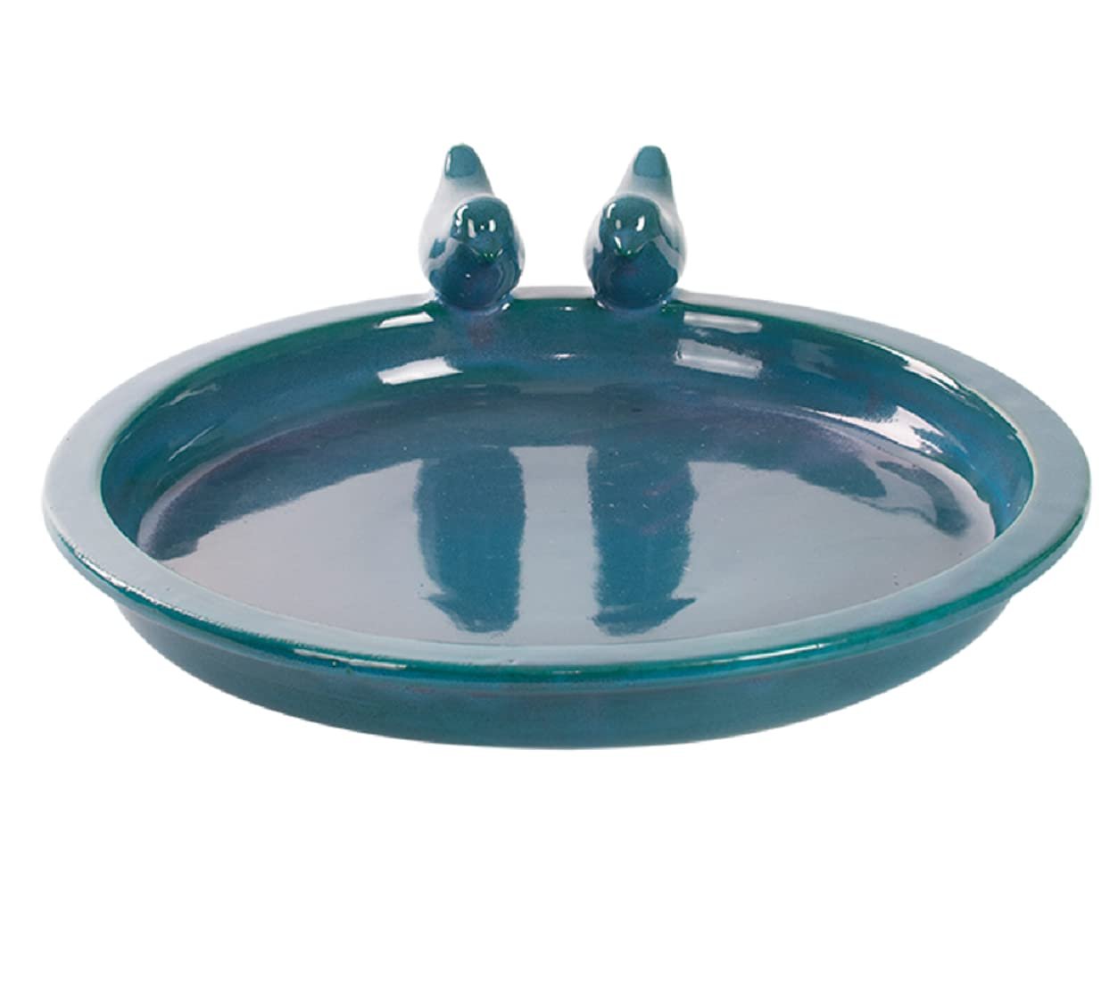Esschert Round Bird Bath w/Birds, Ceramic, Petrol – Large