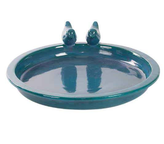 Esschert Round Bird Bath w/Birds, Ceramic, Petrol – Large