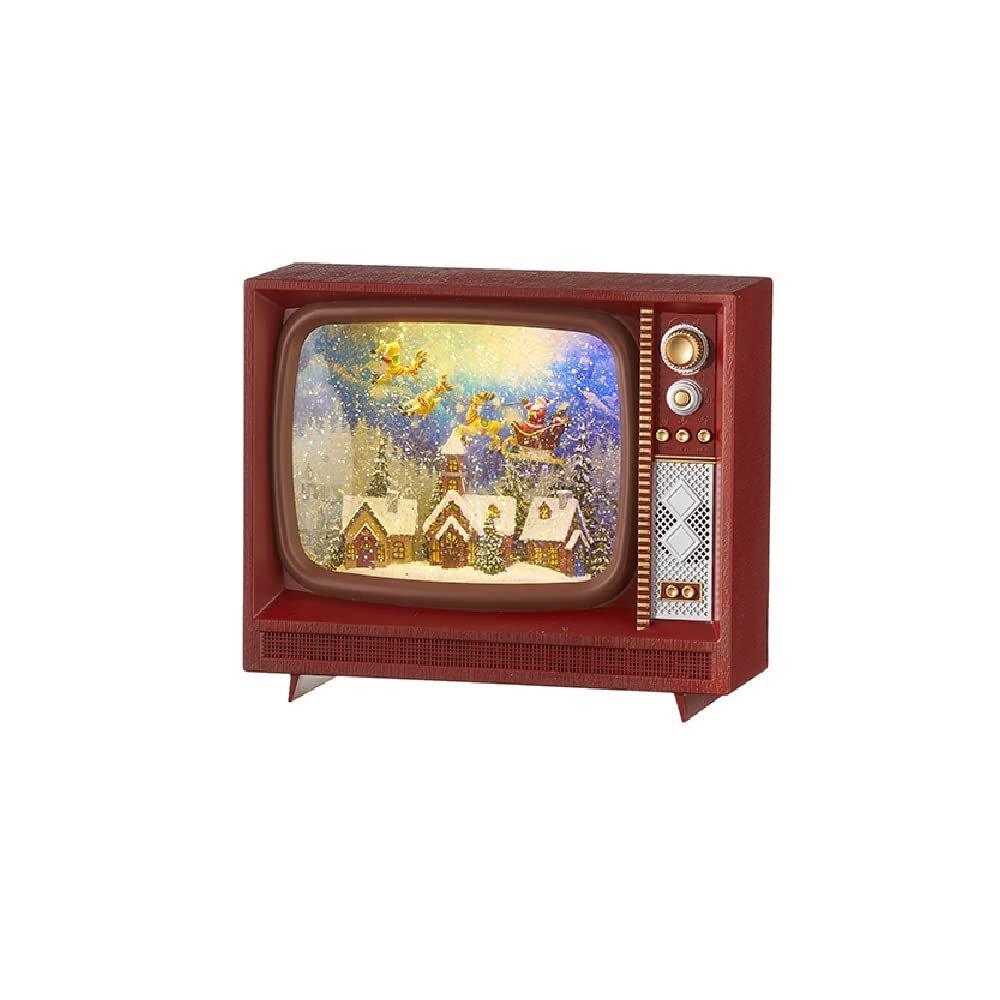 RAZ Imports 4200757 Santa Flying Over Town Musical Lighted Water TV Figurine, 9.75-inch Height, Plastic and Resin