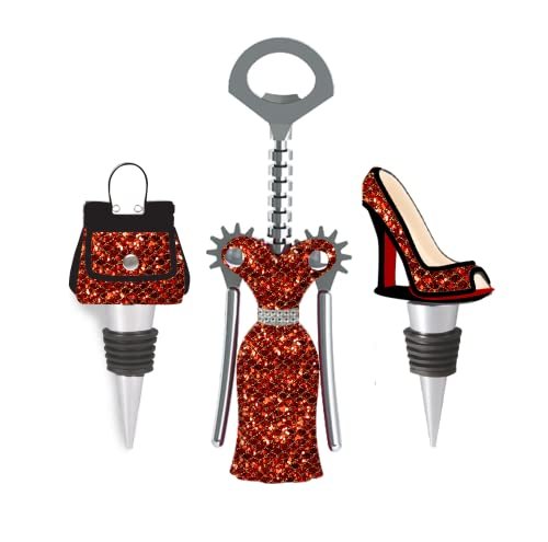 Wild Eye Designs Fashion Set: 3pcs Winged Corkscrew, High Heel and Purse Wine Stoppers - Red and Gold Gift Set