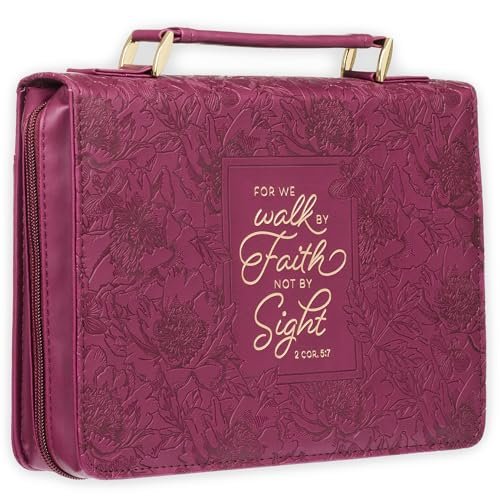 Christian Art Gifts Protective Maroon Floral Faux Leather Bible Cover Carry Case with Handle for Women: Walk by Faith - 2 Corinthians 5:7 Inspirational Bible Verse Zippered with Pocket